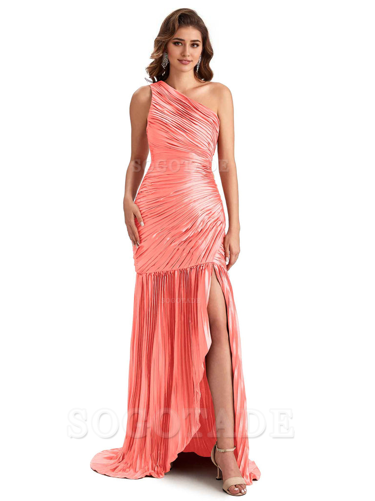 Sexy Side Slit Mermaid Soft Satin One Shoulder Long Ladies Bridesmaid Dresses Online