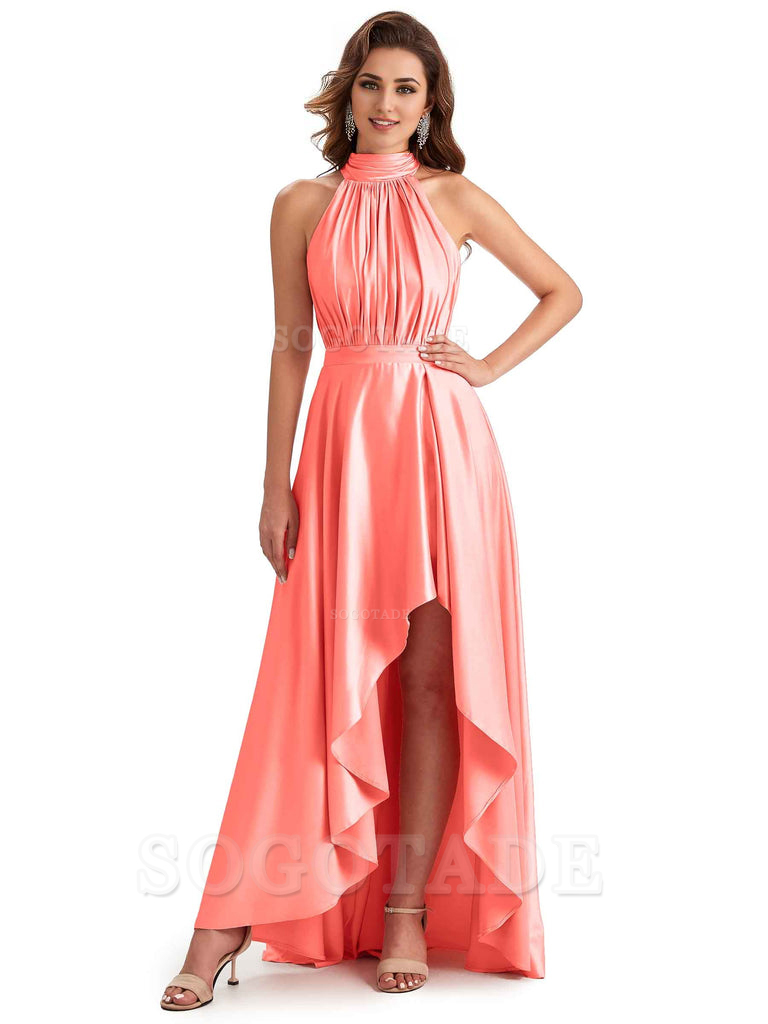 Soft Satin High Neck High Low A-Line Unique Bridesmaid Dresses Online