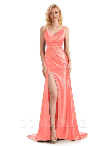 Sexy Charming Side Slit V-Neck Pleated Spaghetti Straps Backless Satin Bridesmaid Dresses Formal Women's Dresses Wedding Guests Dresses