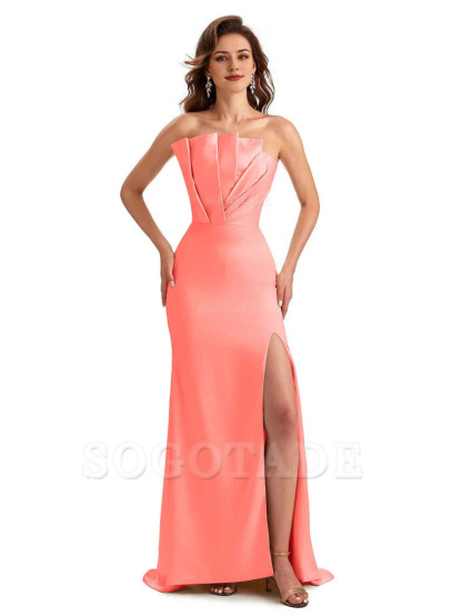 Unique Soft Satin Side Slit Asymmetrical Neckline Mermaid Long Bridesmaid Dresses