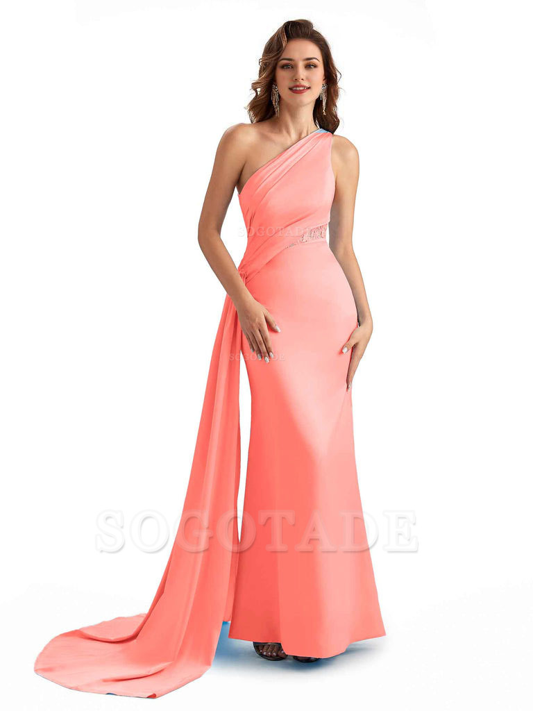 Sexy Mermaid Silky Satin One Shoulder Lace See Through Long Bridesmaid Dresses Online