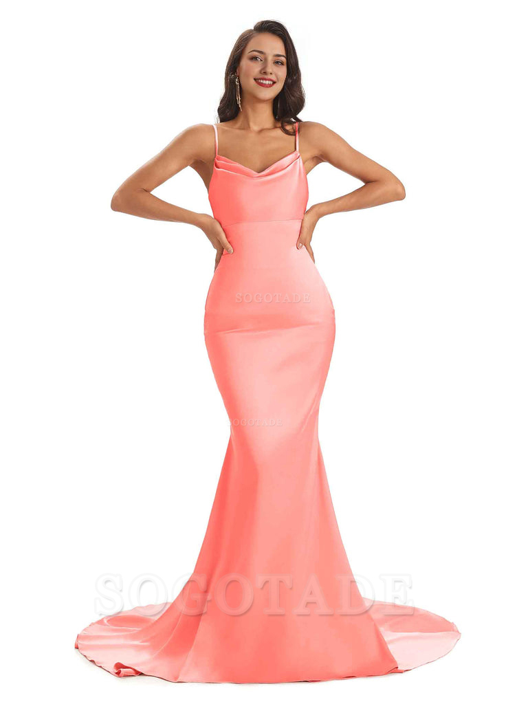 Sexy Backles Soft Satin Spaghetti Straps Maxi Mermaid Bridesmaid Dresses Online prom shop dresses