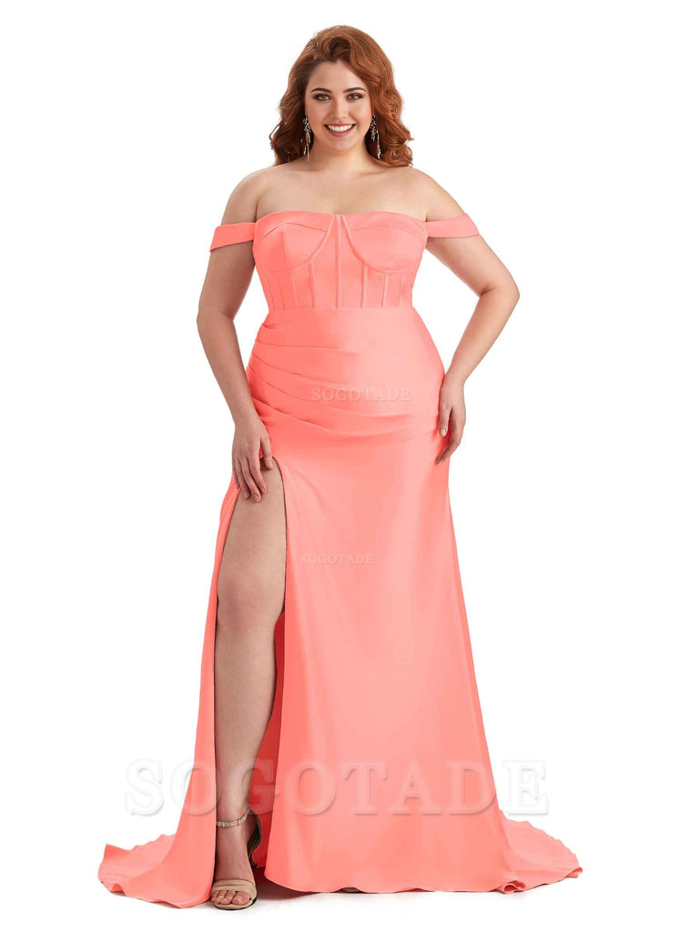 Elegant Off The Shoulder Side Slit Mermaid Soft Satin Floor Length Long Plus Size Bridesmaid Gowns