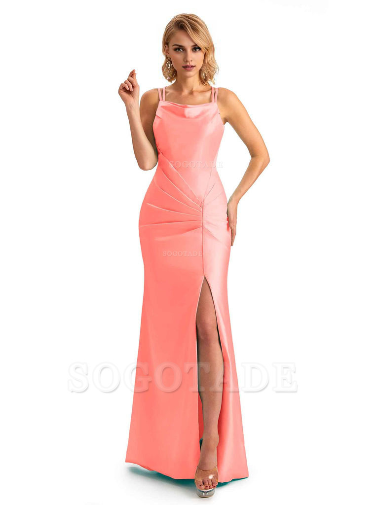 Soft Satin Spaghetti Straps Side Slit Long Unique Mermaid Beautiful Dresses For Wedding