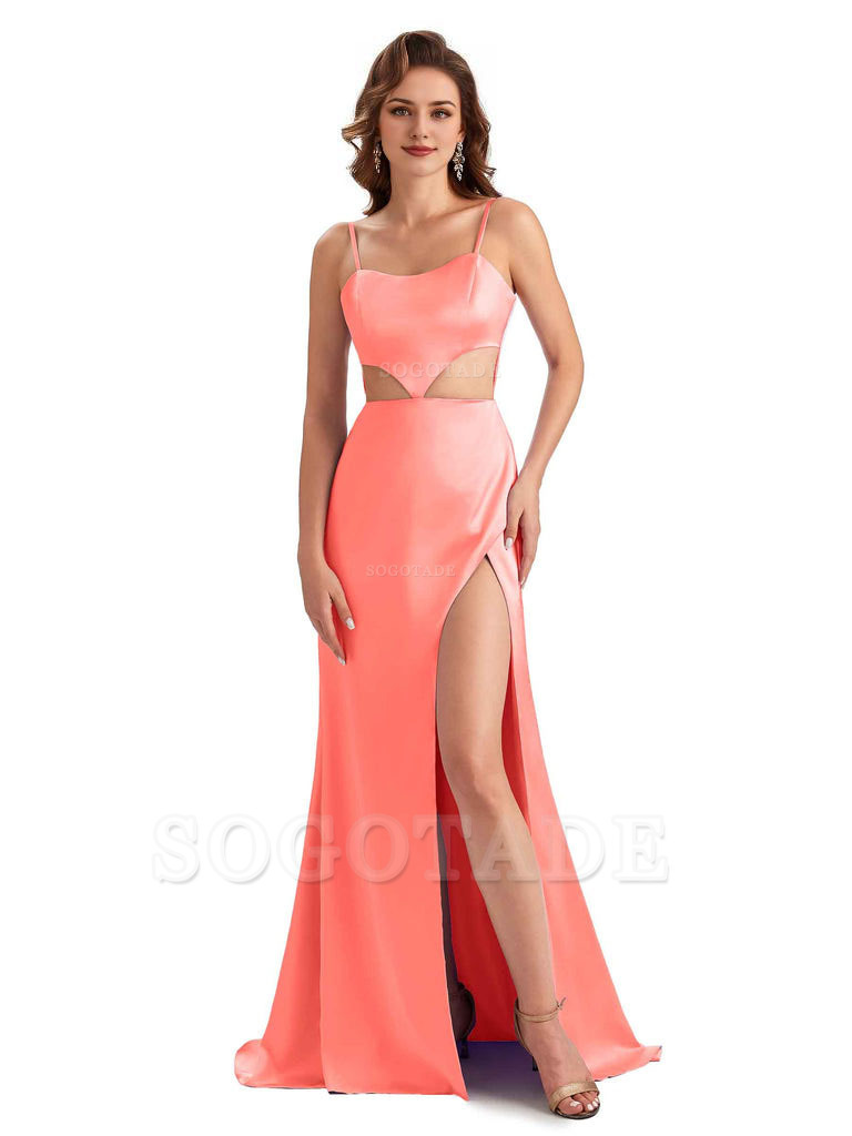 Sexy Satin Side Slit Spaghetti Straps Mermaid Long Unique Curve Wedding Guest Dresses