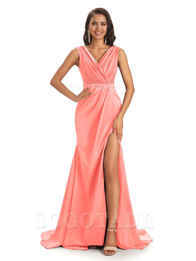 A-line V-neck Floor-Length Satin formal dresses evening gown Bridesmaid Dresses With Side Slit 