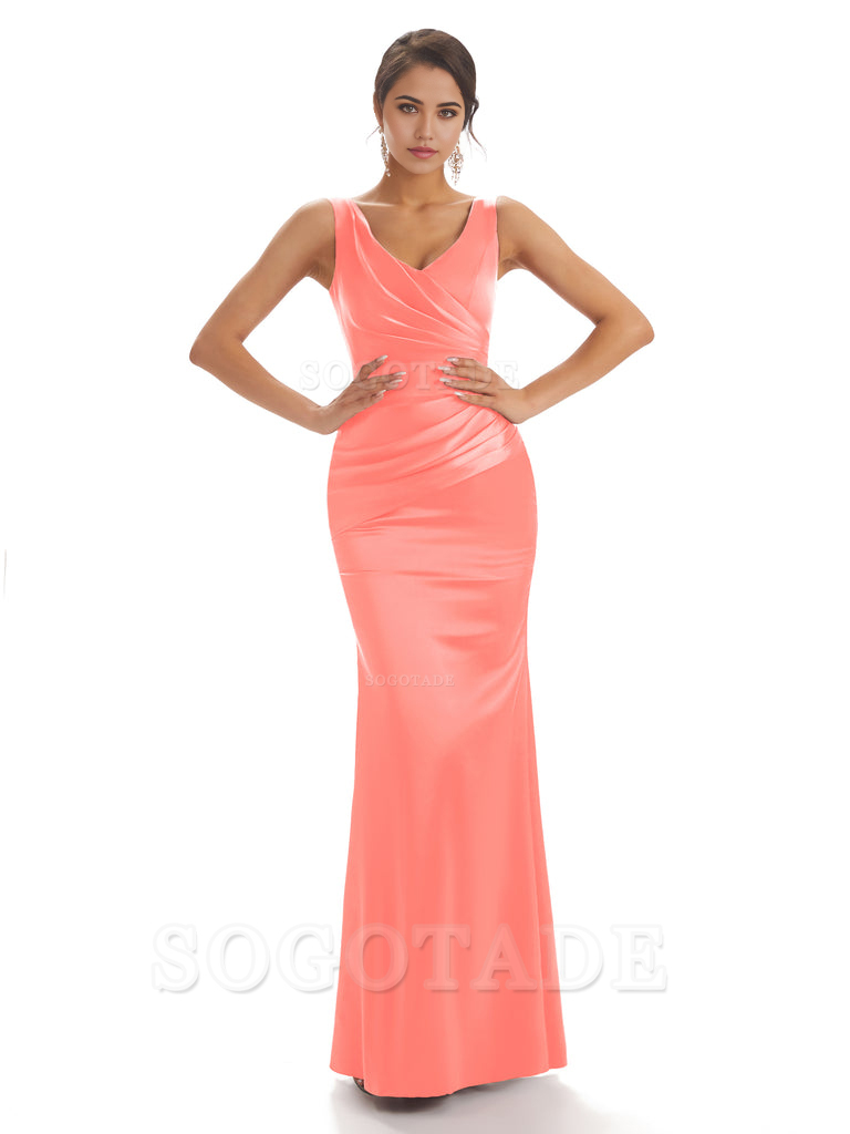 Sheath Sleeveless V-neck Floor-Length Satin formal dresses evening gown Bridesmaid Dresses With Pleats 