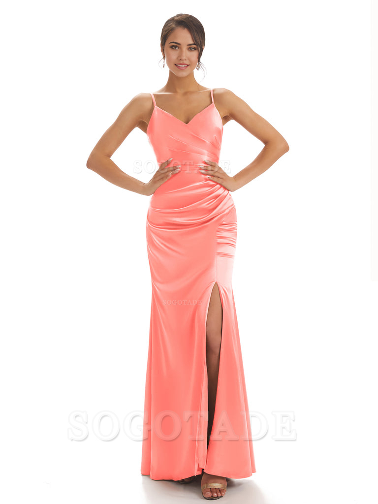 Spaghetti Straps Pleats Satin formal dresses evening gown Bridesmaid Dresses With Side Slit 