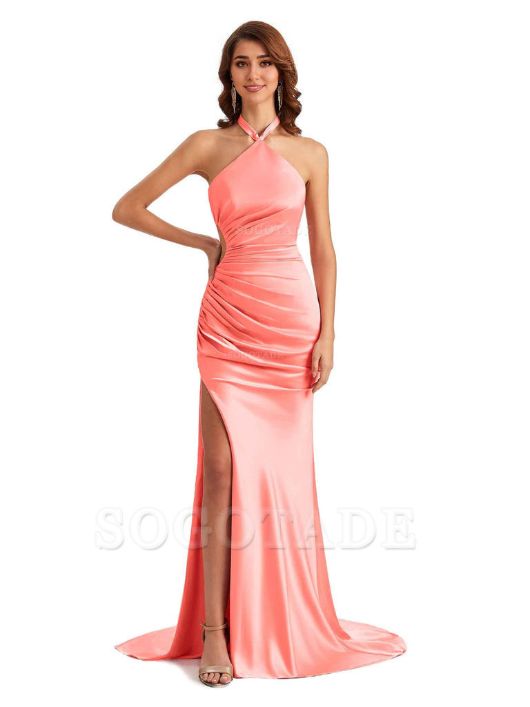 Sexy Halter Mermaid Silky Satin Unique Long Formal Wedding Guest Dresses