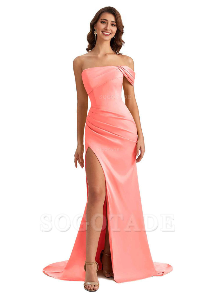 Unique One Shoulder Side Slit Satin Long Formal Dresses For Bridesmaid Dresses