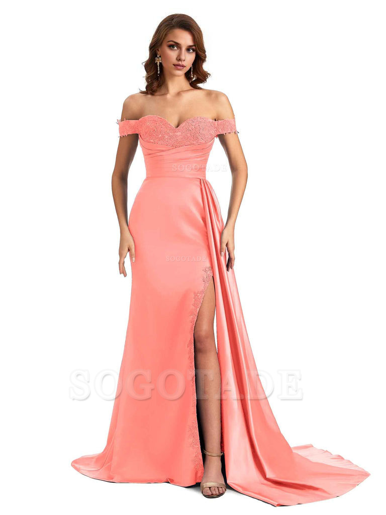 Sexy Off The Shoulder Mermaid Side Slit Silky Satin Long Bridesmaid Dress For Wedding