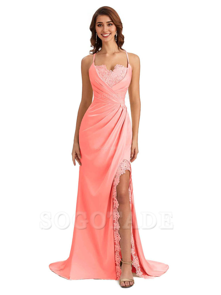 Sexy Side Slit Spaghetti Straps Lace Mermaid Silky Satin Wedding Guest Dresses