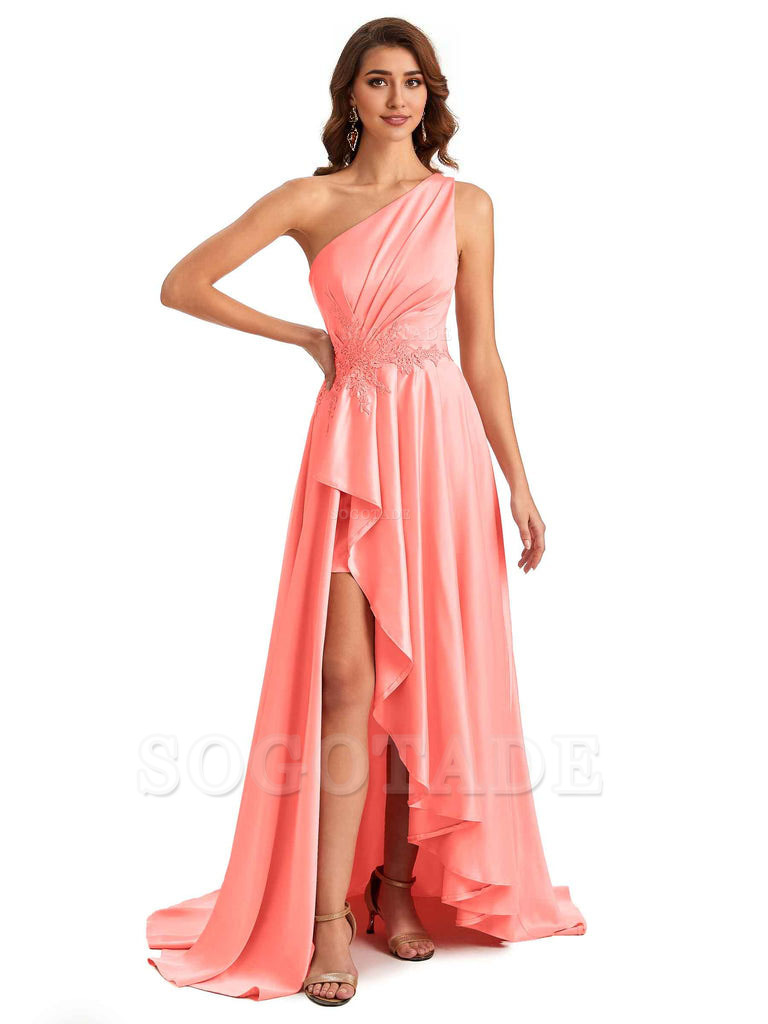 Sexy One Shoulder A-Line High Low Silky Satin Lace Long Formal Wedding Guest Dresses