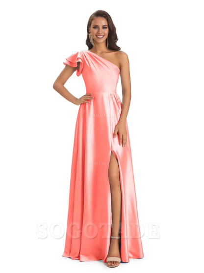 A-Line One Shoulder Ladies Long Bridesmaid Dresses Soft Satin Side Slit Elegant Evening Party Dress