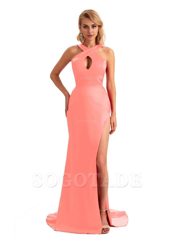 Sexy Side Slit Halter Mermaid Silky Satin Unique Long Formal Wedding Bridesmaid Dresses