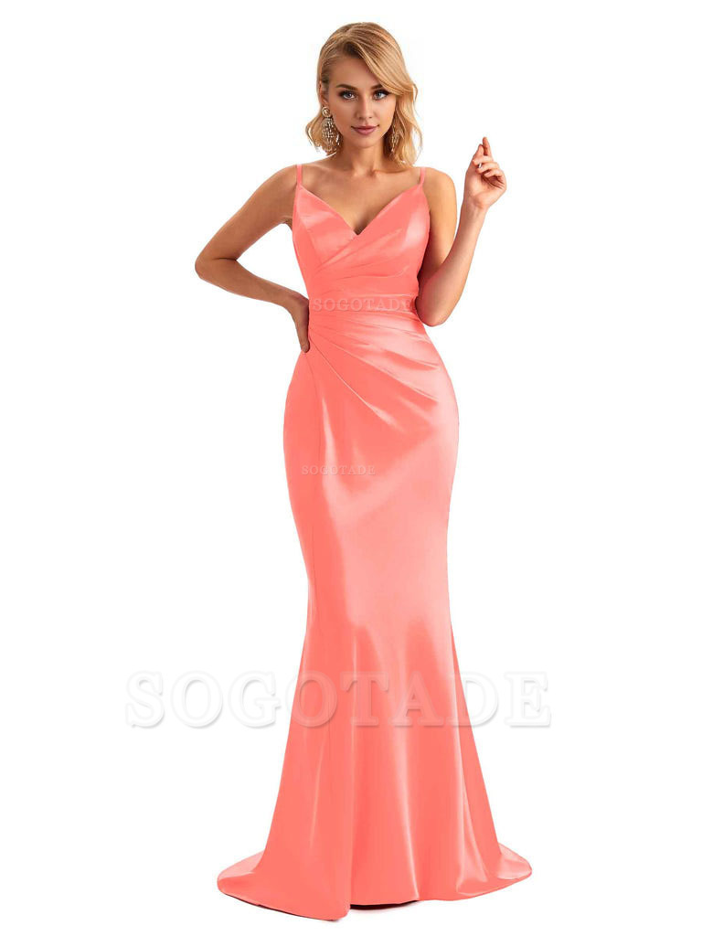  Sexy Backless Mermaid Spaghetti Straps Unique Long Formal Satin Dress For Women