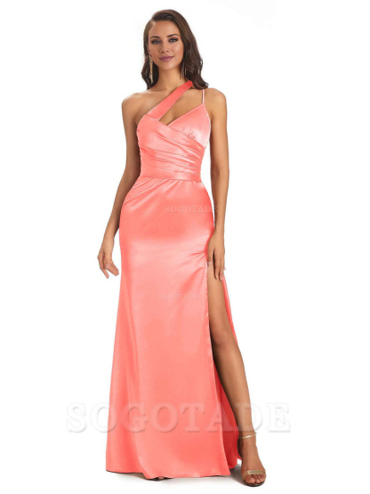 Elegant Soft Satin Side Slit One Shoulder Floor-Length Maxi Bridesmaid Dresses Evening Party Dress