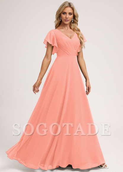Ruffle A-line V-neck and floor chiffon bridesmaid dress