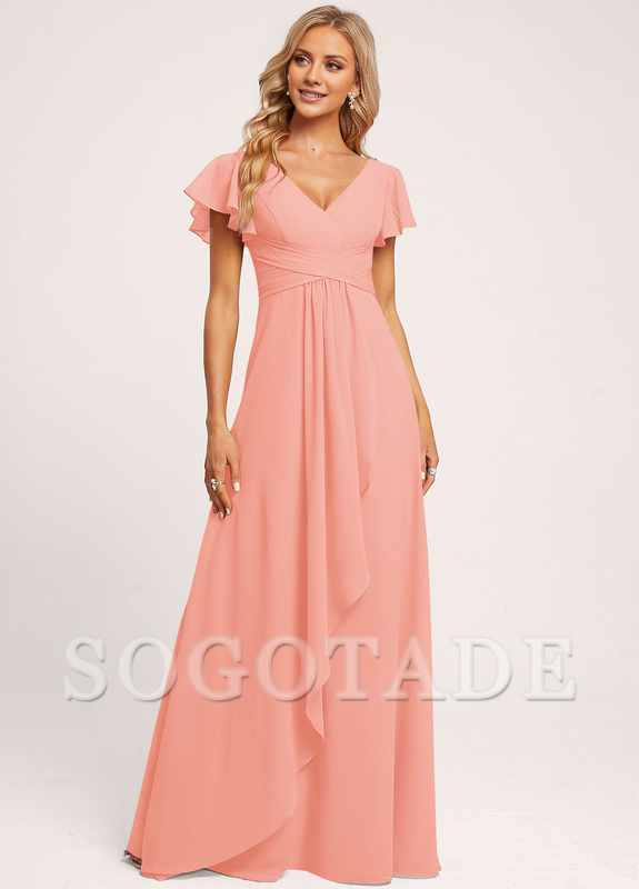 Ruffle A-line V-neck and floor chiffon bridesmaid dress