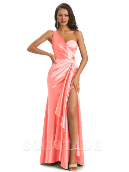 Elegant Soft Satin Side Slit One Shoulder Unique Mermaid Bridesmaid Dresses Online prom dresses shops