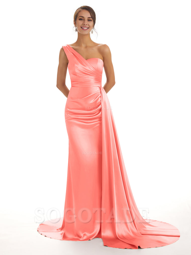 Elegant One Shoulder Soft Satin Unique Mermaid Long Bridesmaid Dresses Online prom dresses shops