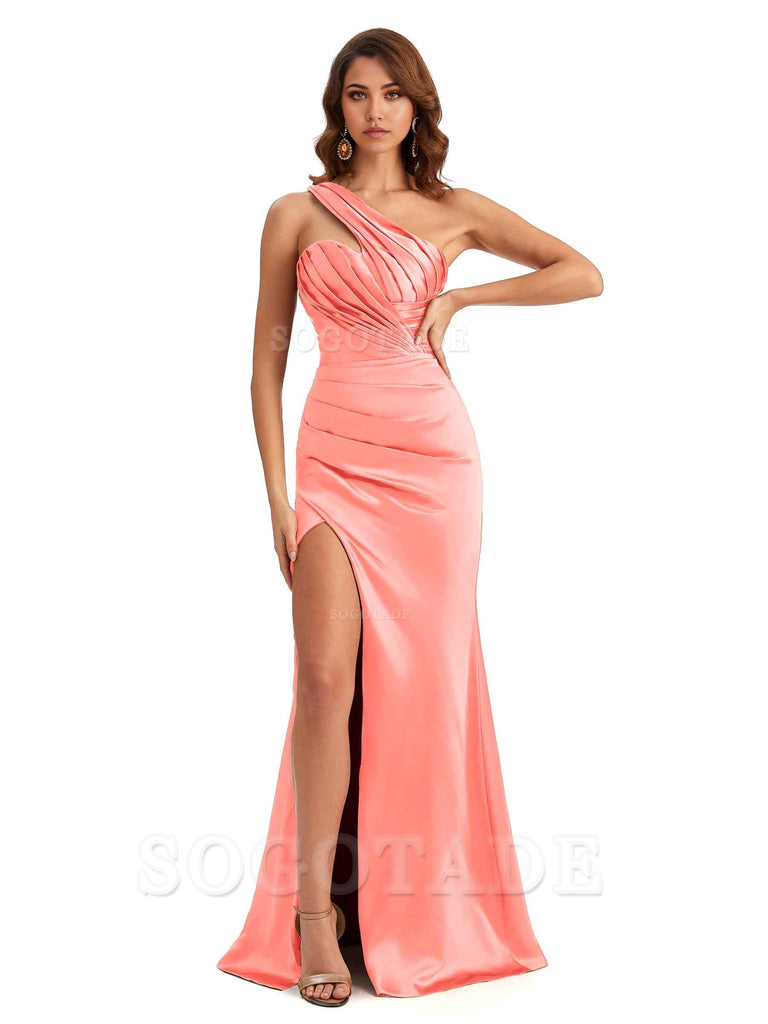 Sheath One shoulder Satin formal dresses evening gown Bridesmaid Dresses With Side Slit 