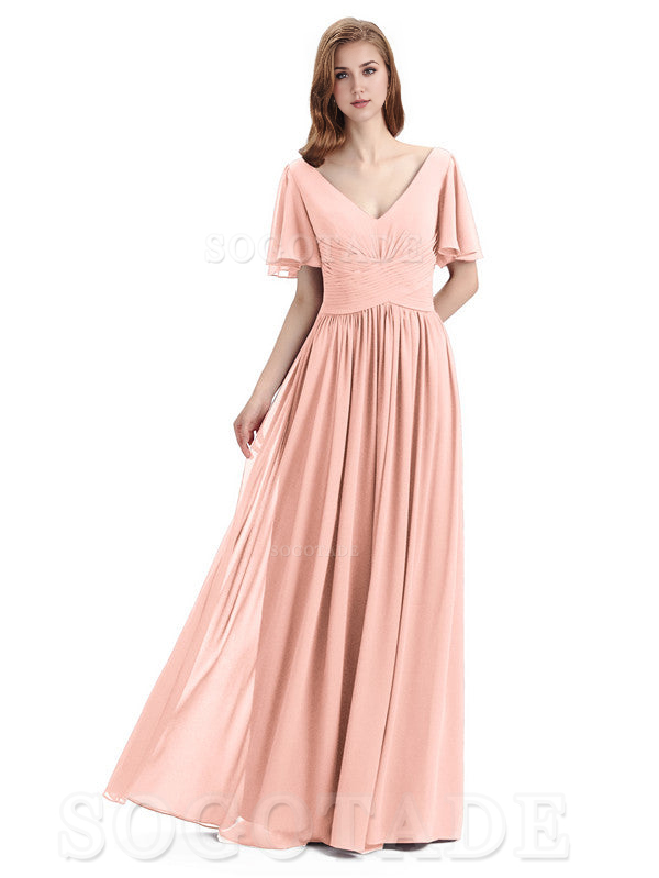 A-Line Chiffon Short Sleeves Elegant Floor-Length Bridesmaid Dresses Formal Women's Dresses Wedding Guests Dresses