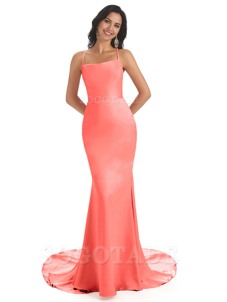 Mermaid Spaghetti Backless Straps Satin Long formal dresses evening gown Bridesmaid Dresses