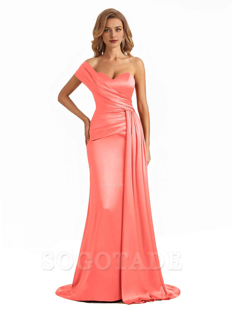 Elegant One Shoulder Soft Satin Long Mermaid Bridesmaid Dresses Online prom shop dresses ﻿