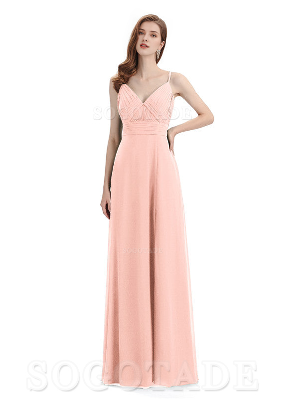 Chiffon V-Neck Spaghetti Strap Floor-Length Side Fork Long Bridesmaid Dresses Formal Women's Dresses Wedding Guests Dresses
