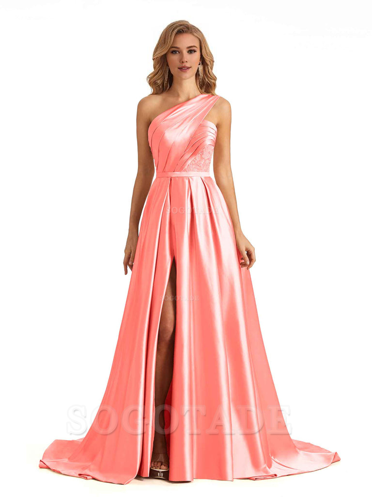 Sexy Side Slit One Shoulder A-Line Soft Satin Long Bridesmaid Dresses Online prom dress in store