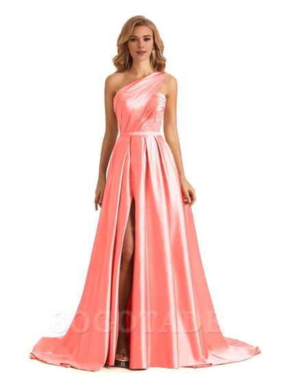 Sexy Side Slit One Shoulder A-Line Soft Satin Long Bridesmaid Dresses Online prom dress in store