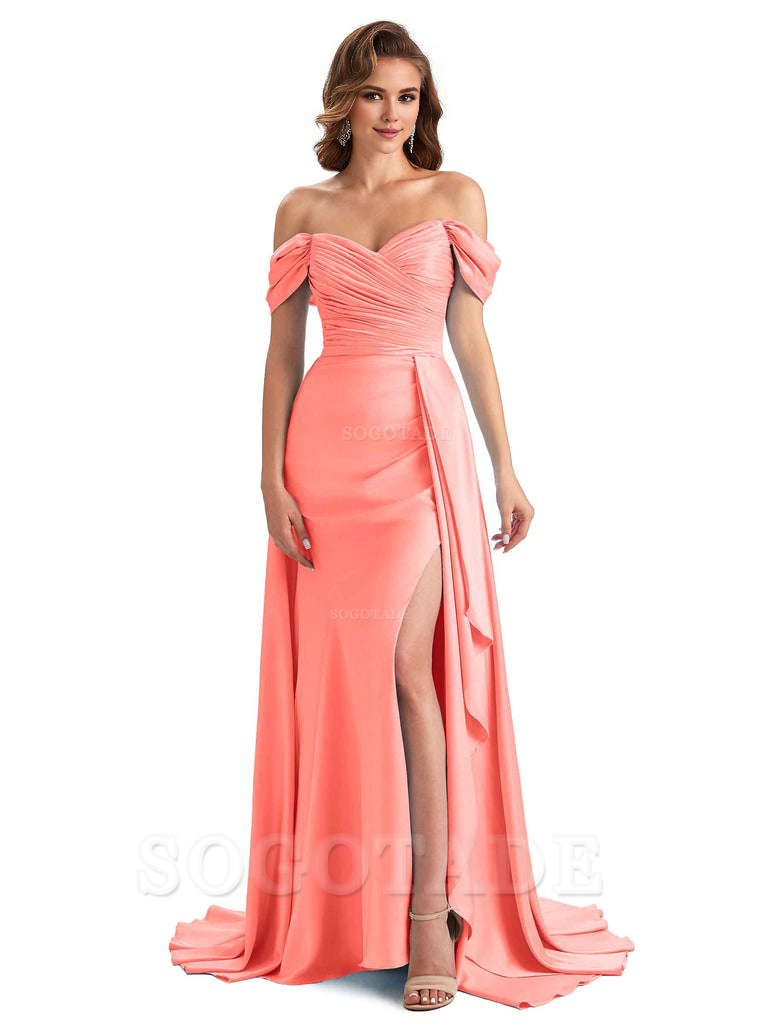 Sexy Side Slit Mermaid Soft Satin Off The Shoulder Long Unique Bridesmaid Dresses prom dress in store
