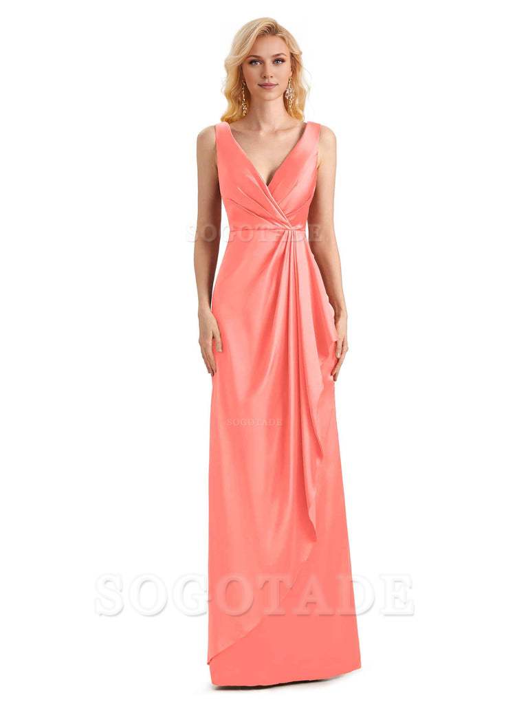 V Neck Elegant Soft Satin Formal Long Maid Bridesmaid Dresses Formal Wear Dresses