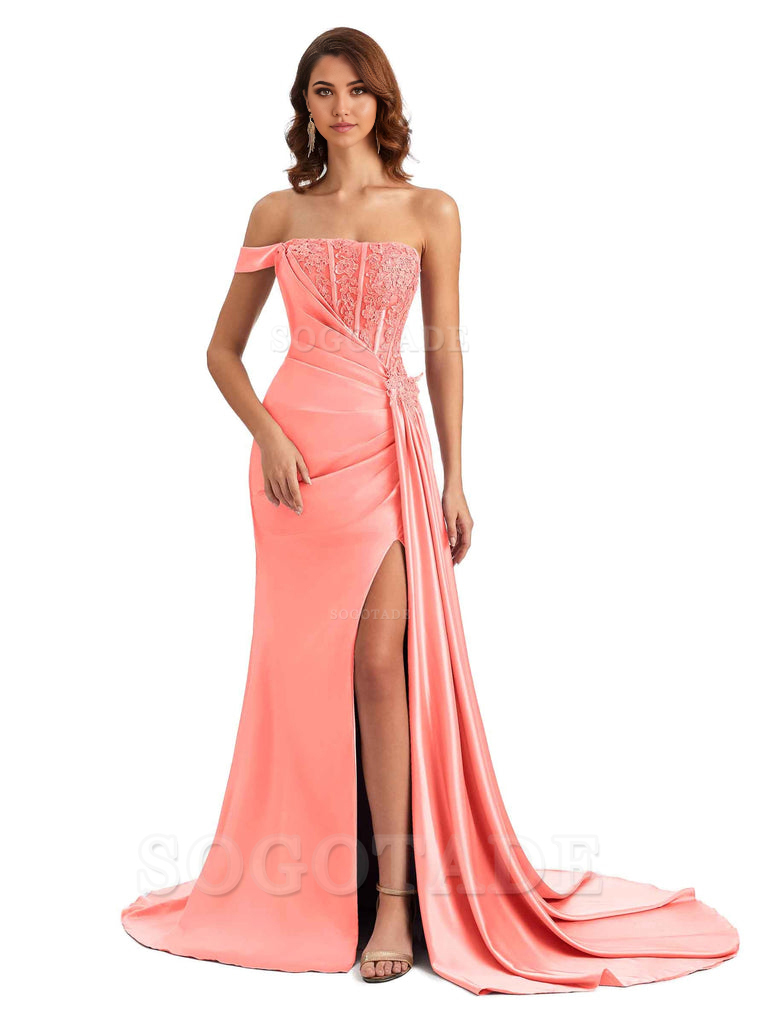 Mermaid Off Shoulder Applique formal dresses evening gown Bridesmaid Dresses With Side Slit 