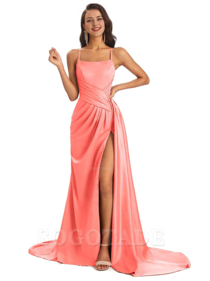 Sexy Soft Satin Side Slit Spaghetti Straps Long Maxi Bridesmaid Dresses prom shop dresses