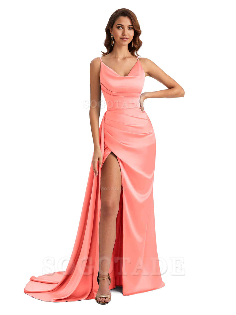 Mermaid Cowl Spaghetti Satin formal dresses evening gown Bridesmaid Dresses With Side Slit