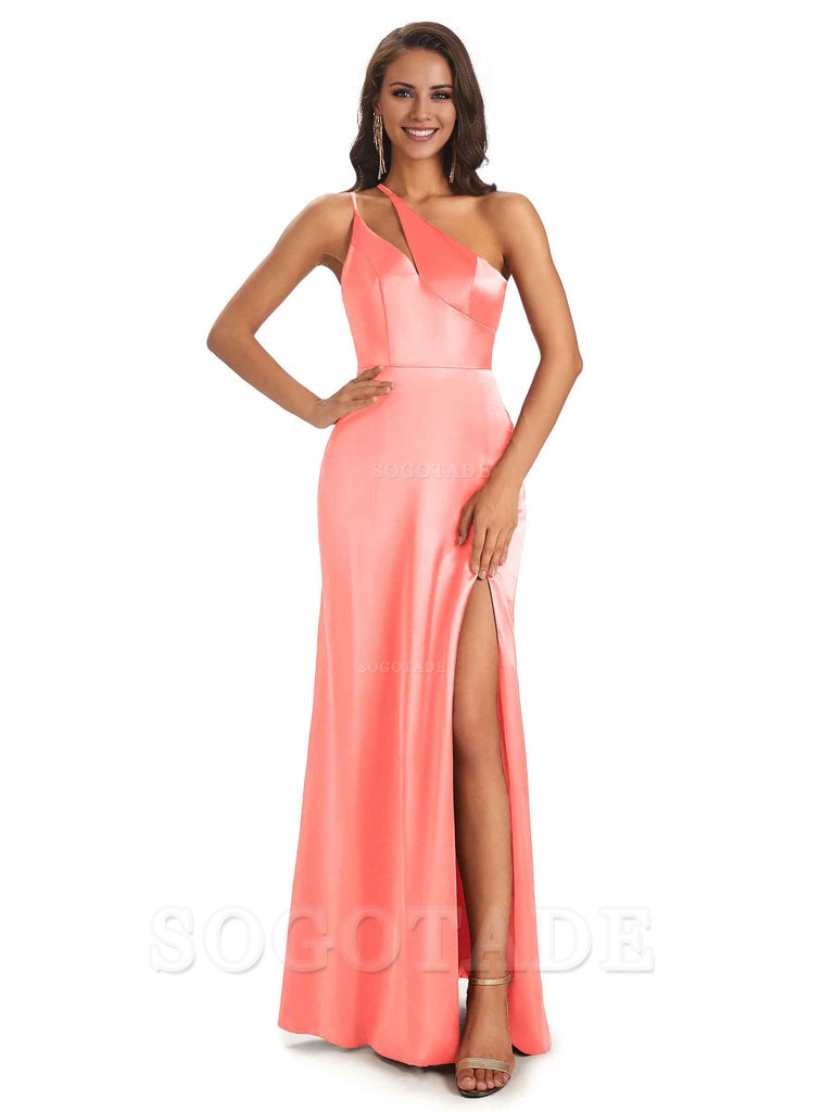 Sexy Soft Satin Side Slit One Shoulder Floor-Length Mermaid Long Bridesmaid Dresses Elegant Evening Party Dress