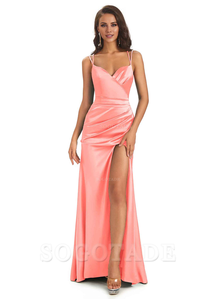 Sexy Soft Satin Side Slit Spaghetti Straps Long Maxi Mermaid Bridesmaid Dresses Elegant Evening Party Dress