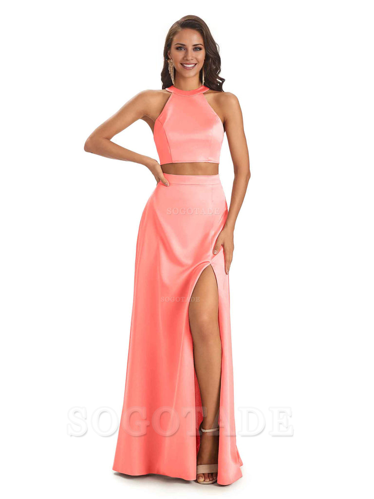 Soft Satin Two-Pieces Halter Side Slit Sexy Fashion Bridesmaid Dresses Charming Evening Party Dress