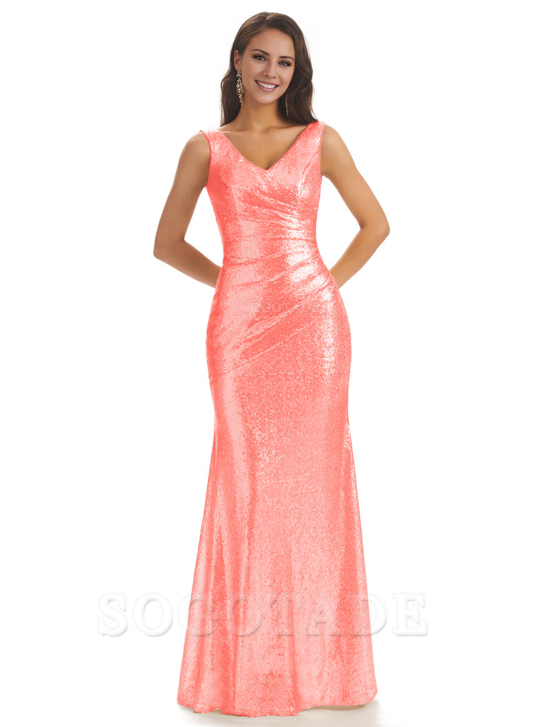 Sexy Sequin V-Neck Sparkly Long Mermaid Bridesmaid Dresses Charming Evening Party Dress