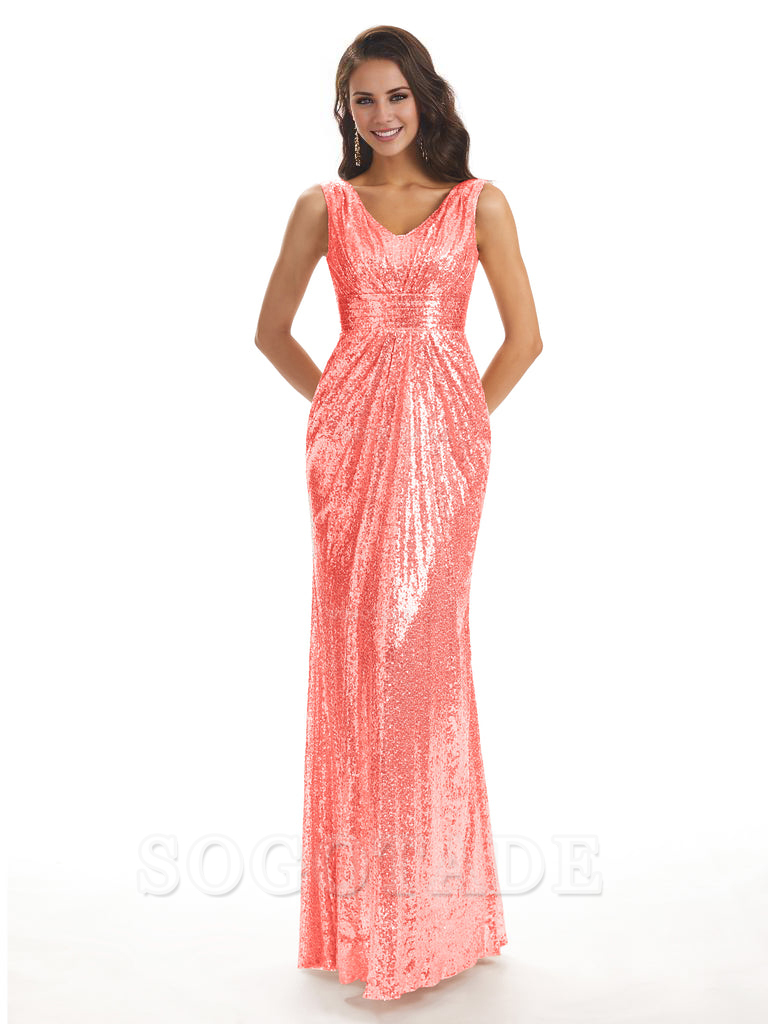 Sparkly V-Neck Sequin Long Mermaid Bridesmaid Dresses Sleeveless Charming Evening Party Dress