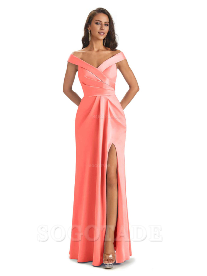 Sexy Soft Side Slit Off Shoulder V-Neck Long Satin Ladies Bridesmaid Dresses Elegant Evening Party Dress