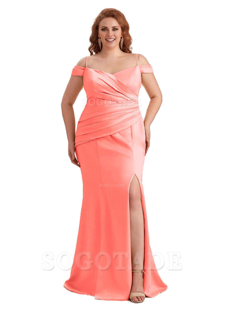 Elegant Cold Shoulder Side Slit Mermaid Soft Satin Long Plus Size Bridesmaid Gowns