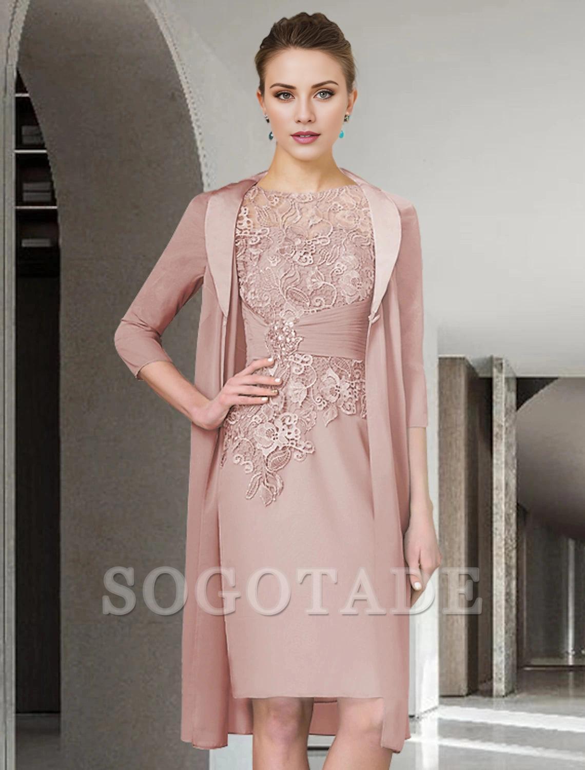 Two Piece Sheath / Column Mother of the Bride Dress Fall Wedding Guest Church Plus Size Elegant Jewel Neck Knee Length Chiffon Lace Half Sleeve Wrap Included Jacket Dresses with Ruched Appliques