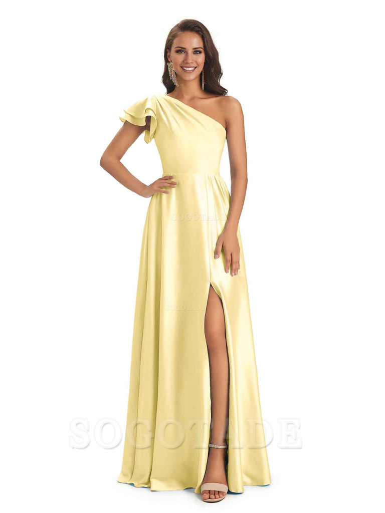A-Line One Shoulder Ladies Long Bridesmaid Dresses Soft Satin Side Slit Elegant Evening Party Dress