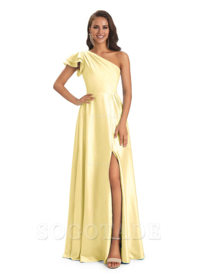 A-Line One Shoulder Ladies Long Bridesmaid Dresses Soft Satin Side Slit Elegant Evening Party Dress
