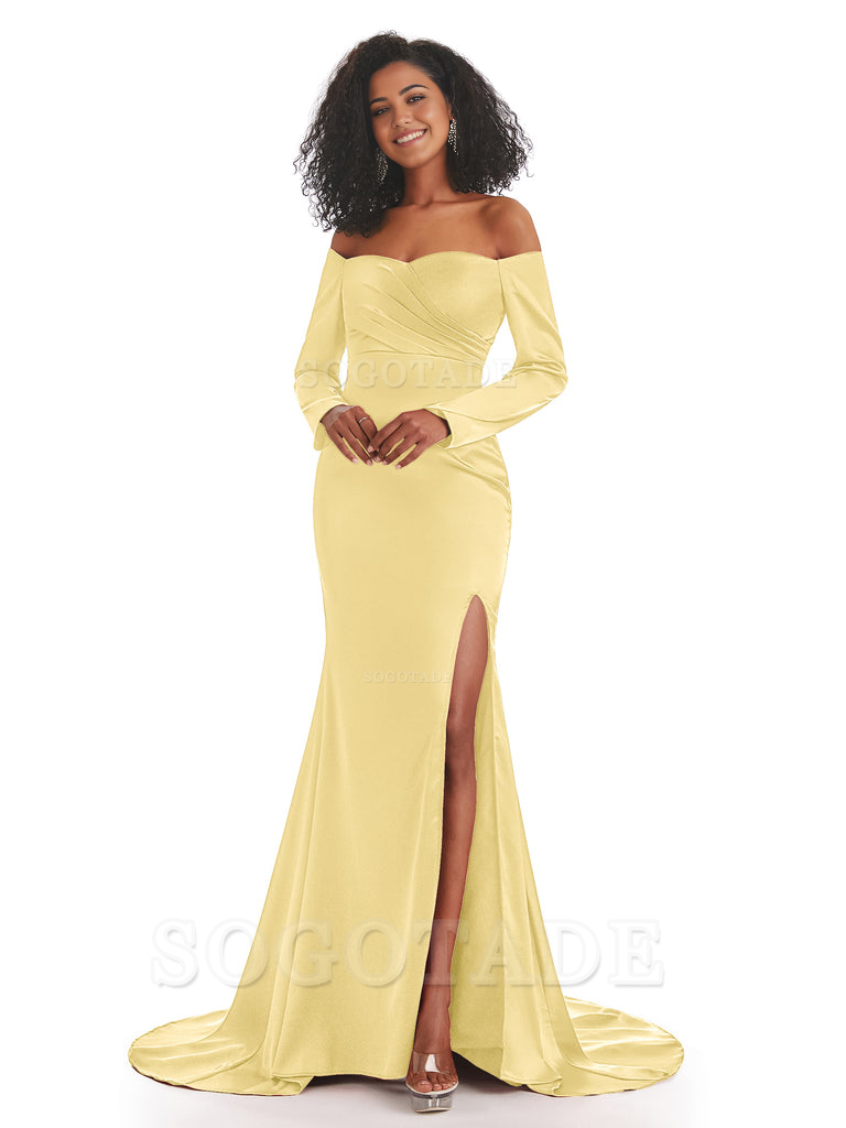 Mermaid Long Sleeve Satin formal dresses evening gown Bridesmaid Dresses With Side Slit 