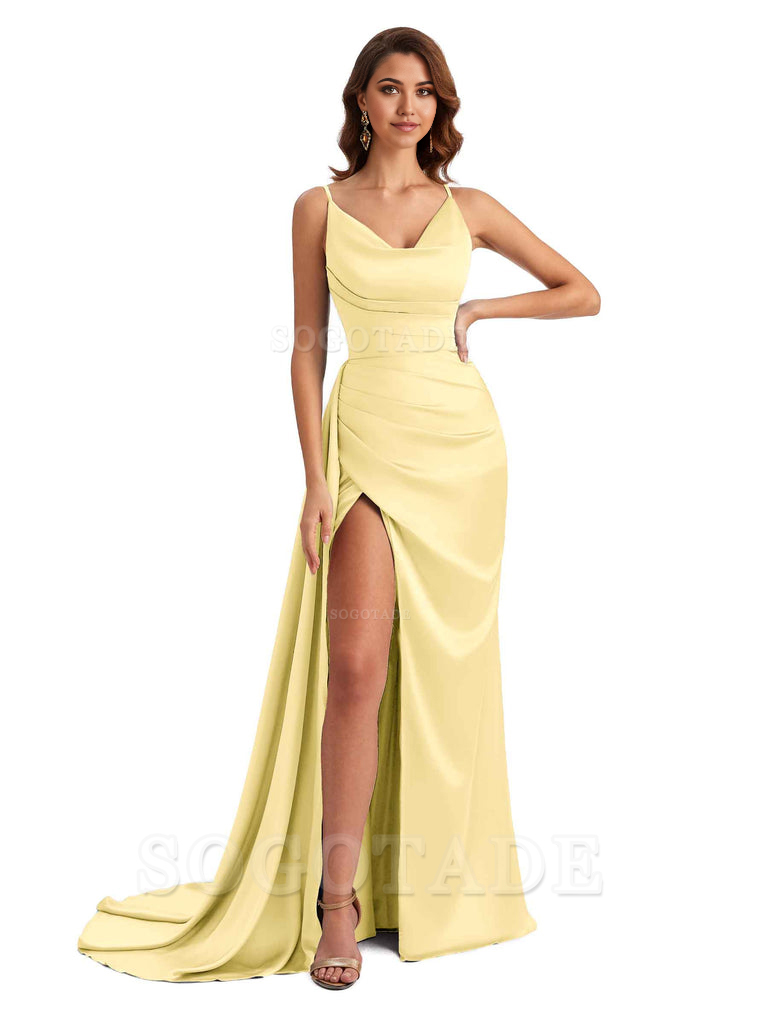 Mermaid Cowl Spaghetti Satin formal dresses evening gown Bridesmaid Dresses With Side Slit