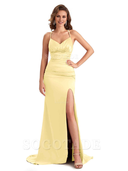 Sexy Mermaid Silky Satin Side Slit One Shoulder Unique Long Wedding Guest Dresses